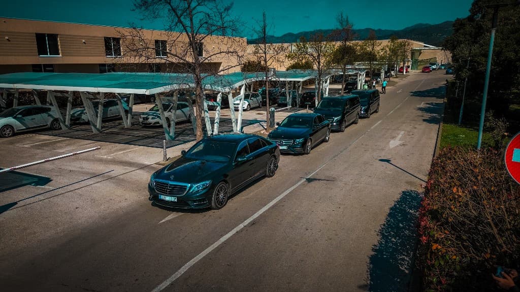 M-Dub black Mercedes S-Class, E-Class, and V-Class vehicles lined up for service