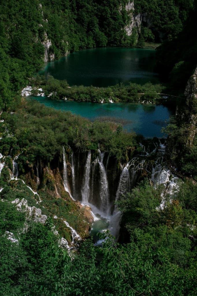 Cascading waterfalls and turquoise terraced lakes at Plitvice Lakes National Park, Croatia